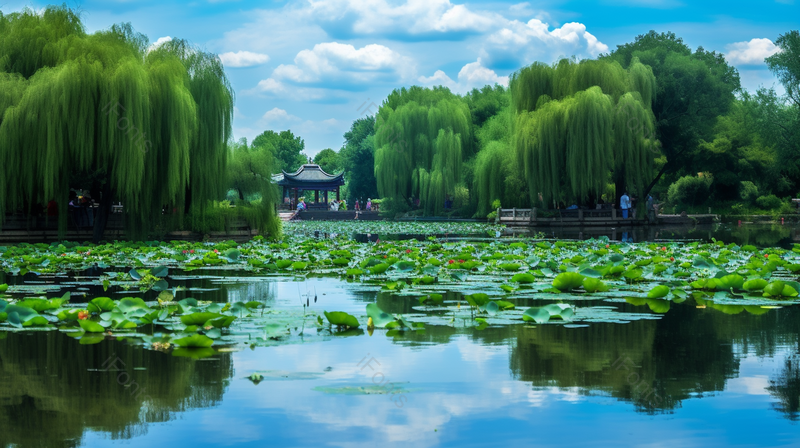 杭州西湖荷叶荷花柳树景色,高清,摄影图,摄影图片,图片大全,摄影图免费下载